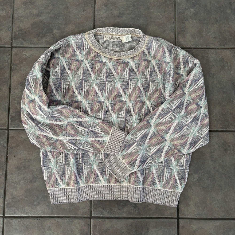 Vtg Mens Multicolor Pastel Crew Neck Pullover Sweater L Grandcore Easter core
